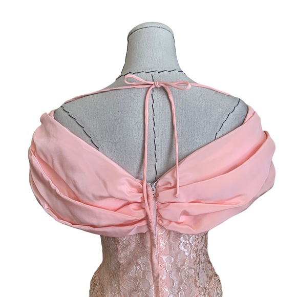 Vintage 80s Pink Lace Off Shoulder Dress Dress with Matching Gloves XS Prom - Picture 6 of 14